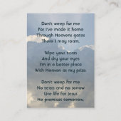 Carte De Visite Photo de prière commémorative chrétienne Ciel céle (Dos)