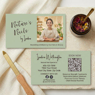 Carte De Visite Photo d'ongles naturels Aspen Sage Green Social QR