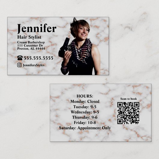 Carte de visite photo en marbre Stylist avec code  (Devant / Derrière)