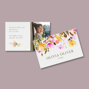 Carte De Visite Photo Floral Aquarelle Rose Personnalisé Élégant