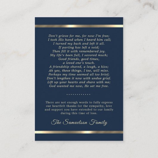 Carte De Visite PHOTO FUNERAL PRIÈRE MERCI bleu foncé (Dos)