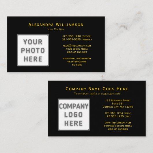 Carte De Visite Photo Logo Modèle Horizontal Elegant Gold Black (Devant / Derrière)