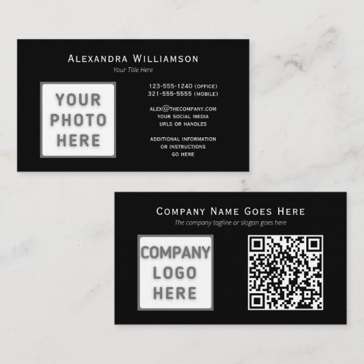 Carte De Visite Photo Logo QR Code Modèle Horizontal Noir (Devant / Derrière)