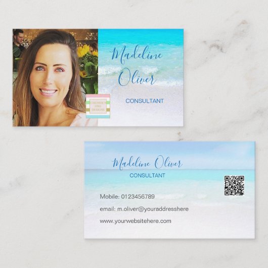 Carte De Visite Photo Logo QR Code Ocean Beach Sea Travel Blue (Devant / Derrière)