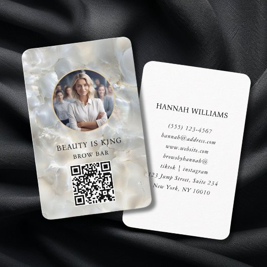 Carte De Visite Photo, Marbre, Argent Blanc, Salon, Code QR