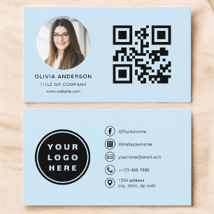 Carte De Visite Photo minimaliste moderne bleu ciel avec code QR