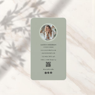 Carte De Visite Photo minimaliste moderne Sage vert et code QR