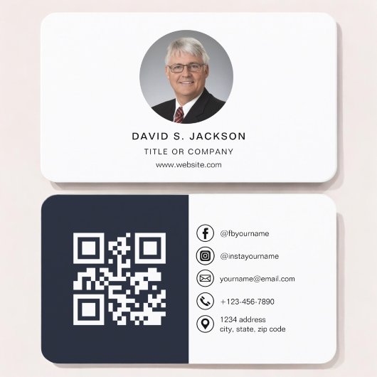 Carte De Visite Photo moderne bleu marine avec code QR Médias soci