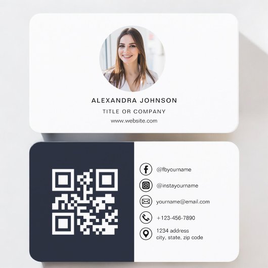 Carte De Visite Photo moderne bleu marine avec code QR Médias soci