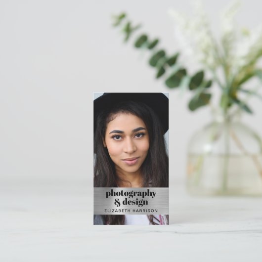 Carte De Visite Photo moderne QR Code Silver (Debout devant)