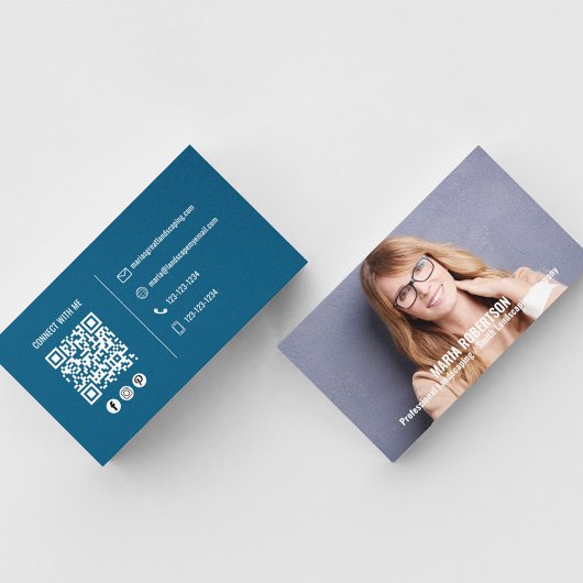 Carte De Visite Photo moderne Simple Bleu QR Code Médias sociaux