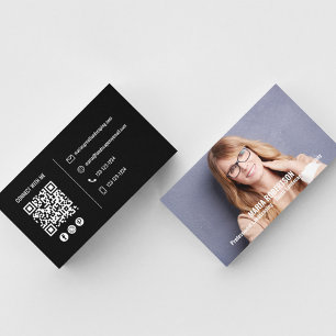 Carte De Visite Photo moderne Simple Noir QR Code Médias sociaux