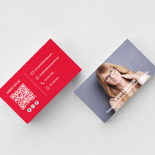 Carte De Visite Photo moderne Simple Red QR Code Médias sociaux