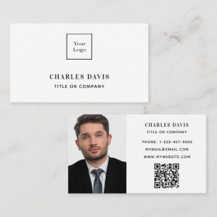 Carte De Visite Photo monogramme blanc logo Qr code élégant