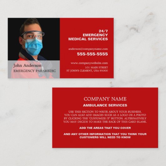 Carte De Visite Photo personnalisée, EMT, Paramedic (Devant / Derrière)