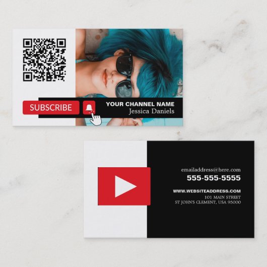 Carte De Visite Photo personnalisée et code QR, Youtube - Vlogger (Devant / Derrière)
