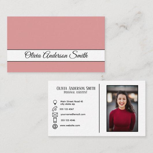 Carte De Visite Photo personnalisée moderne et contacts Blush (Devant / Derrière)