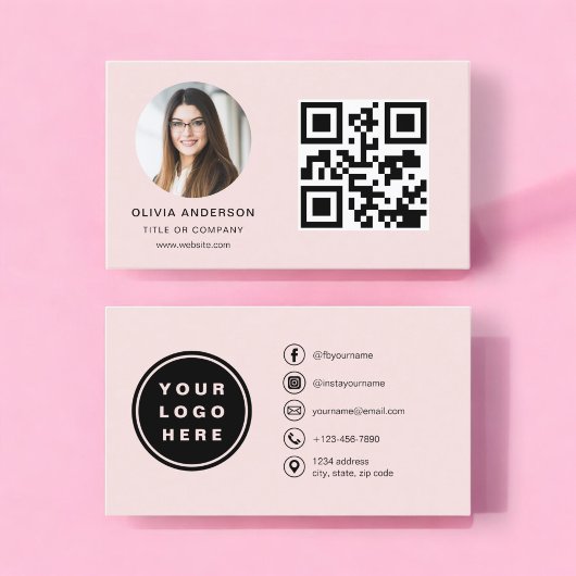 Carte De Visite Photo professionnelle Blush Pink QR Code Médias so