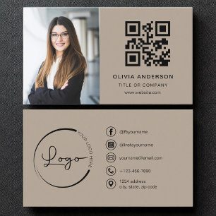 Carte De Visite Photo professionnelle Code QR Brown Médias sociaux