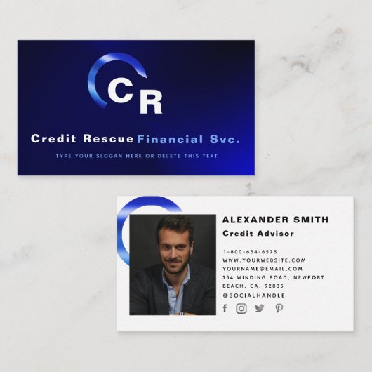 Carte De Visite Photo professionnelle de logo bleu simple et moder (Devant / Derrière)