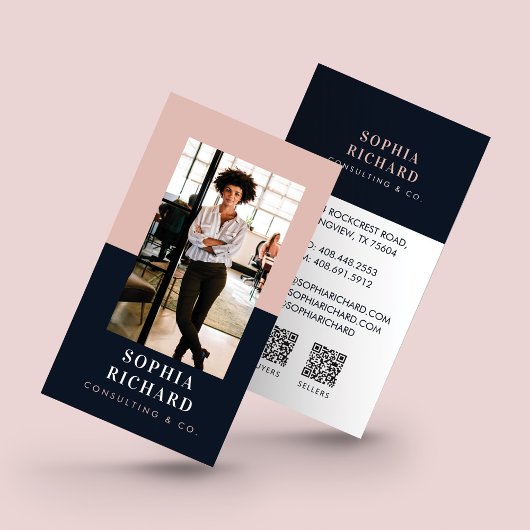 Carte De Visite Photo professionnelle moderne Blush & Navy QR