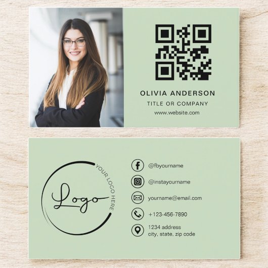Carte De Visite Photo professionnelle Sage vert QR Code Médias soc