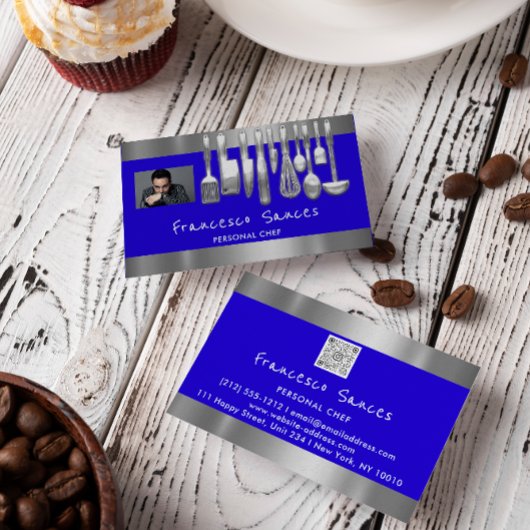 Carte De Visite Photo QR Code Chef personnel Cuisine bleu