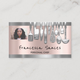 Carte De Visite Photo QR Code Chef personnel Cuisine Lounge Argent