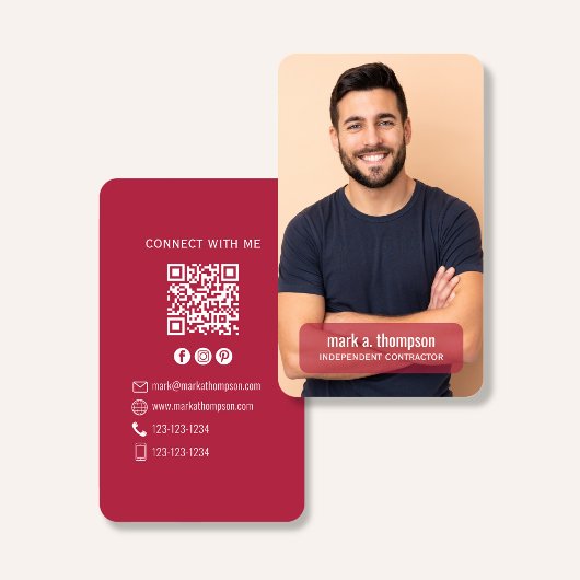 Carte De Visite Photo QR Code Connect With Me Burgundy Modern