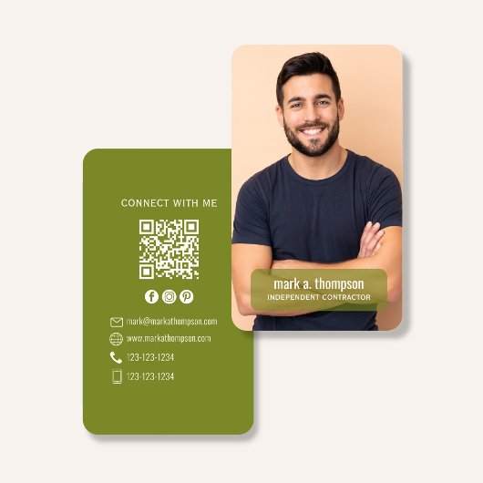 Carte De Visite Photo QR Code Connect With Me Olive Green
