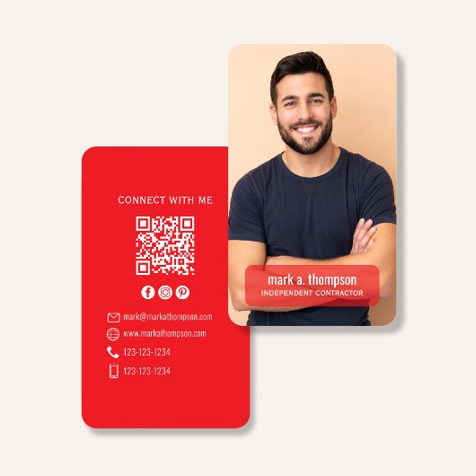 Carte De Visite Photo QR Code Connect With Me Red Modern