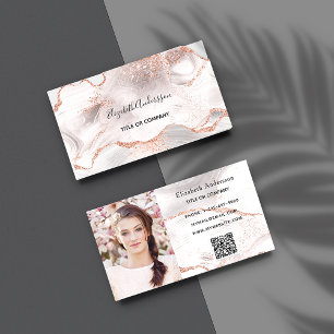 Carte De Visite Photo QR code en or rose et agate blanche.