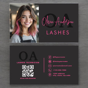 Carte De Visite Photo QR Code Eye Lashes Technicien Hot Pink Black