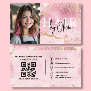 Carte De Visite Photo QR Code Hair Styliste Pink Agate Marbre