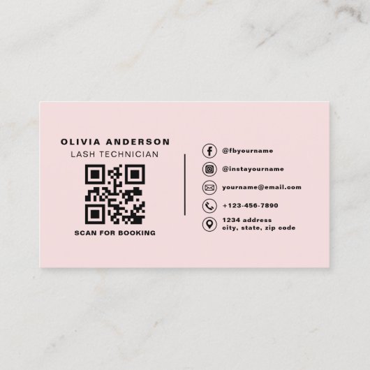 Carte De Visite Photo QR Code Lashes Technicien Blush Pink (Dos)