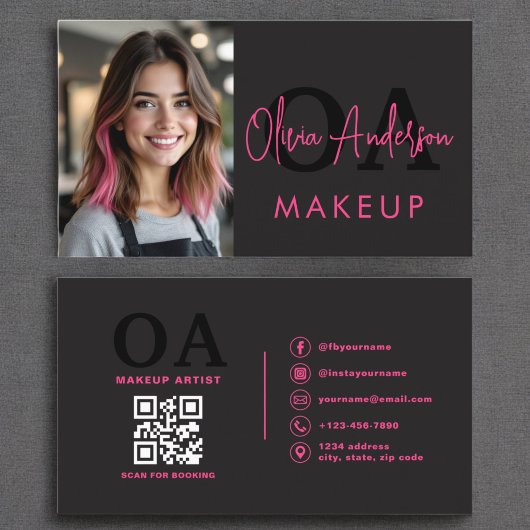 Carte De Visite Photo QR Code maquillage Artiste Hot Pink Black