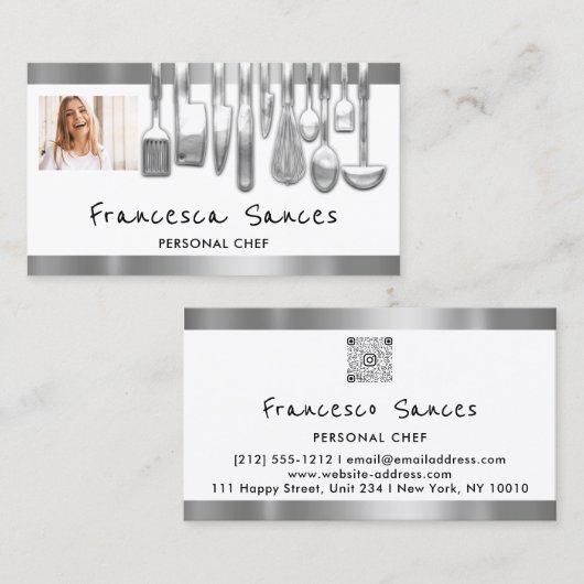 Carte De Visite Photo QR Code Personal Chef Cuisine Lounge Blanc (Devant / Derrière)