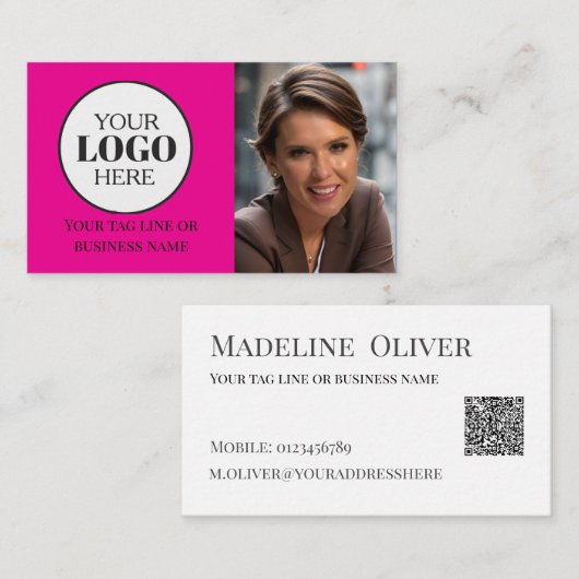 Carte De Visite Photo QR Code Pink Logo Simple (Devant / Derrière)