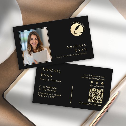 Carte De Visite Photo simple Black & Gold Feather Service