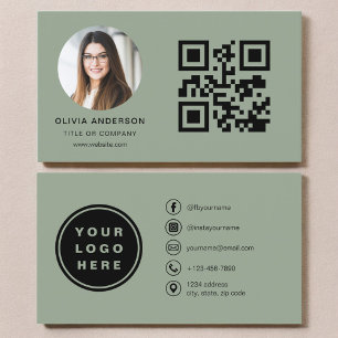 Carte De Visite Photo Vert Sauge avec Code QR Réseaux Sociaux
