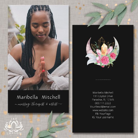 Carte De Visite Photo verticale de Boho Moon Crystals Feathers Flo