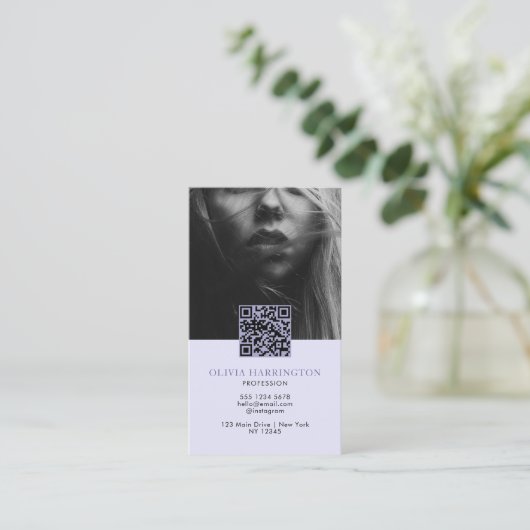 Carte De Visite Photo Violet violet minimal Code QR Logo (Debout devant)