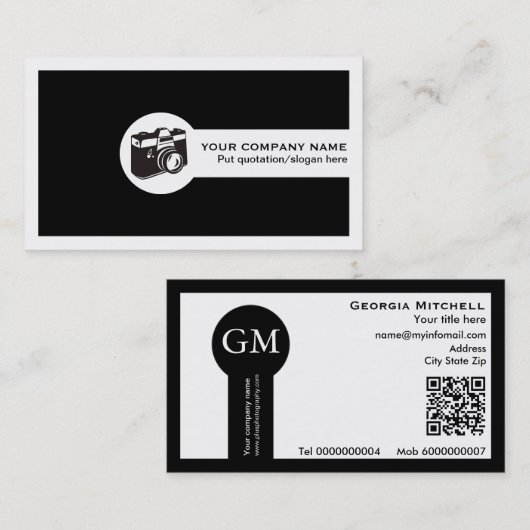 Carte De Visite Photographe appareil photo et code QR noir et blan (Devant / Derrière)