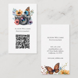 Carte De Visite Photographe Caméra papillon floral aquarelle QR