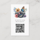 Carte De Visite Photographe Caméra papillon floral aquarelle QR (Devant)
