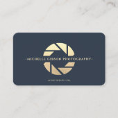 Carte De Visite Photographe Dark Blue Gold Camera Lens Moderne (Devant)