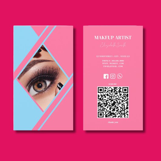 Carte De Visite Photographe de maquillage Hot Rose & Blue QR Code