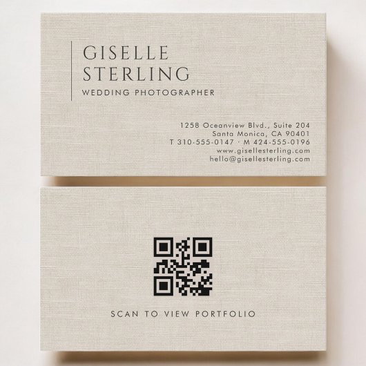 Carte De Visite Photographe de Mariage Code QR Luxe Lin Neutral