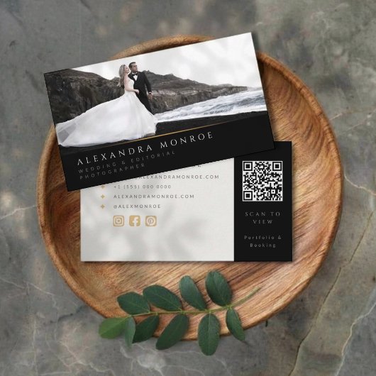 Carte De Visite Photographe de Mariage Code QR Noir & Or