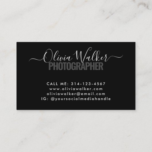Carte De Visite Photographe de script moderne Black Chic (Dos)